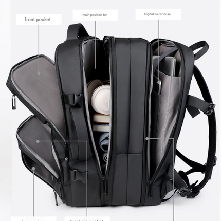 Black Expandable Business Travel Backpack with USB Charging Port - Water-Resistant Laptop Bag for Commuting & Carry-On.