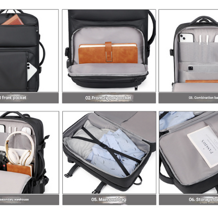 Black Expandable Business Travel Backpack with USB Charging Port - Water-Resistant Laptop Bag for Commuting & Carry-On.