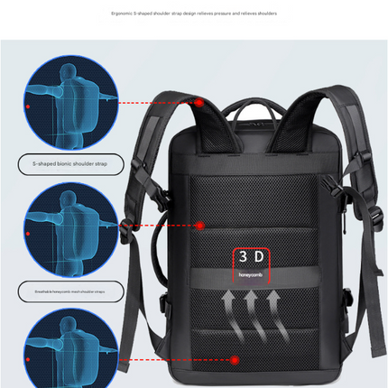 Black Expandable Business Travel Backpack with USB Charging Port - Water-Resistant Laptop Bag for Commuting & Carry-On.