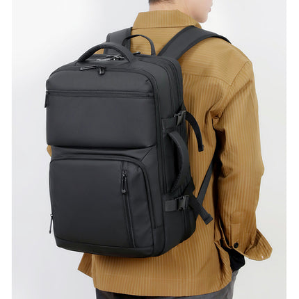 Black Expandable Business Travel Backpack with USB Charging Port - Water-Resistant Laptop Bag for Commuting & Carry-On.