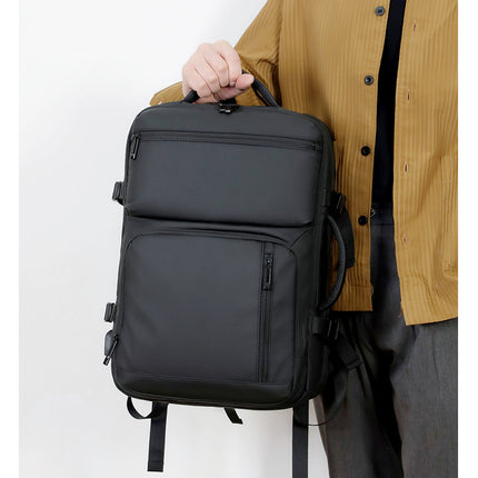 Black Expandable Business Travel Backpack with USB Charging Port - Water-Resistant Laptop Bag for Commuting & Carry-On.
