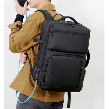 Black Expandable Business Travel Backpack with USB Charging Port - Water-Resistant Laptop Bag for Commuting & Carry-On.