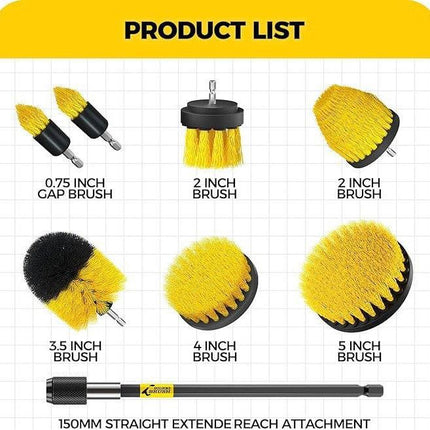 Yellow and Black Complete 7-Piece Drill Brush Power Scrubber Set - All-Purpose Cleaning Kit for Bathroom, Tile, Car Detailing & More.