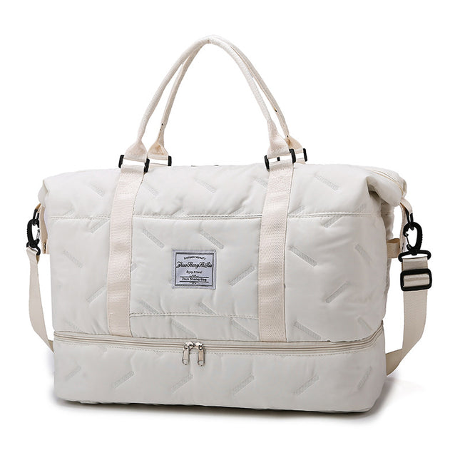 White Stylish Quilted Duffel Bag for Travel & Gym - Large Capacity Weekender with Shoe Compartment and Wet Pocket.