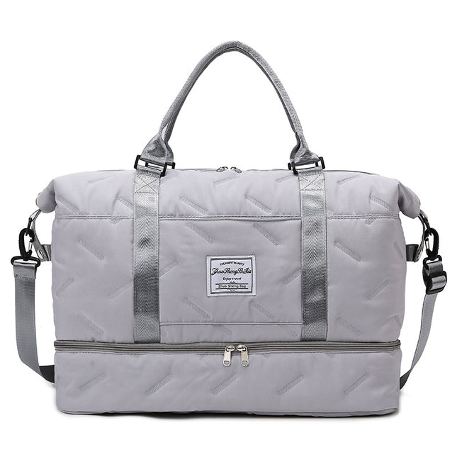 Grey Stylish Quilted Duffel Bag for Travel & Gym - Large Capacity Weekender with Shoe Compartment and Wet Pocket.
