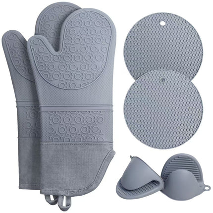 Grey 6-Piece Silicone Oven Mitts and Pot Holders Set - Extra Long Waterproof Heat Resistant Gloves with Non-Slip Grip for Kitchen Baking BBQ.