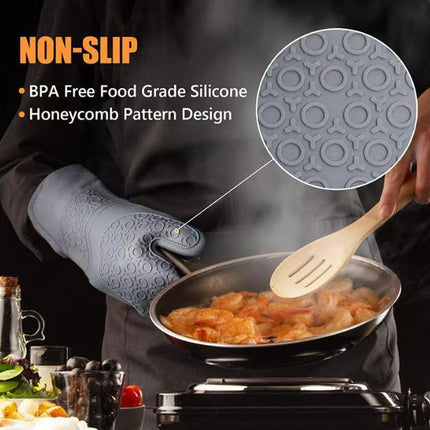 Grey 6-Piece Silicone Oven Mitts and Pot Holders Set - Extra Long Waterproof Heat Resistant Gloves with Non-Slip Grip for Kitchen Baking BBQ.