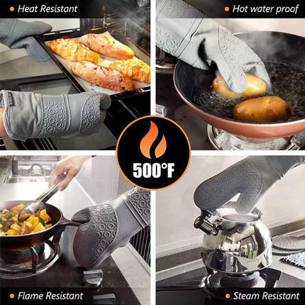 Grey 6-Piece Silicone Oven Mitts and Pot Holders Set - Extra Long Waterproof Heat Resistant Gloves with Non-Slip Grip for Kitchen Baking BBQ.