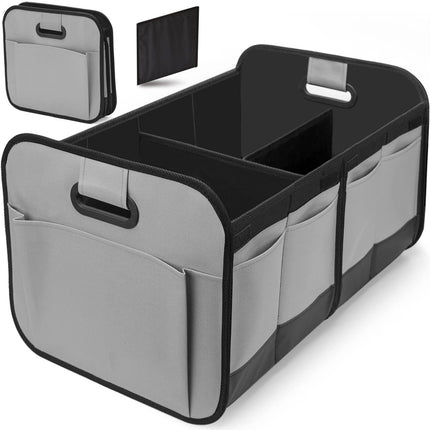 Grey and Black Heavy Duty Collapsible Car Boot Organiser - Large 65L Waterproof Trunk Storage Box with Compartments for SUV & Car.