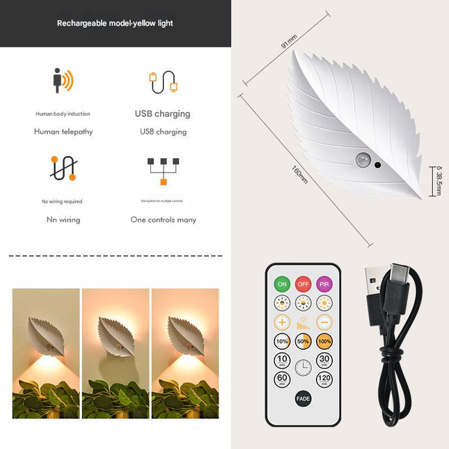 White Leaf-Shaped LED Motion Sensor Night Light - USB Rechargeable Wireless Wall Lamp with Remote Control.