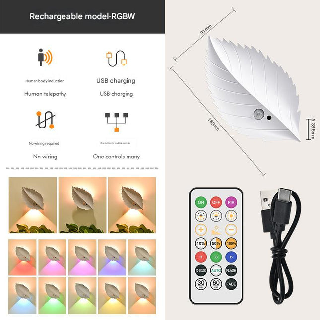 White RGB Color-Changing Leaf LED Night Light - Wireless Motion Sensor Wall Lamp with Remote Control for Ambiance Lighting.