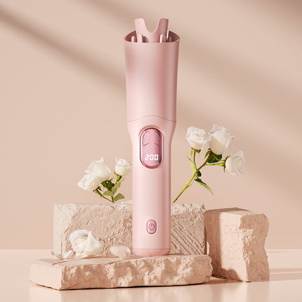 Pink Portable Cordless Hair Curler - USB-C Rechargeable Automatic Hair Waver with Ceramic Barrel & Anti-Scald Design.