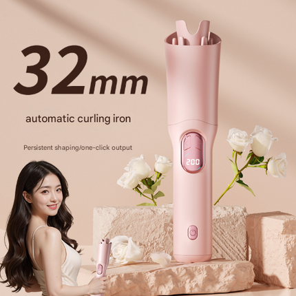 Pink Portable Cordless Hair Curler - USB-C Rechargeable Automatic Hair Waver with Ceramic Barrel & Anti-Scald Design.