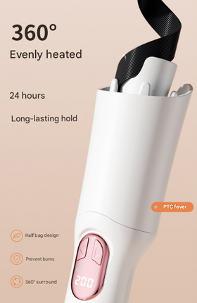Pink Portable Cordless Hair Curler - USB-C Rechargeable Automatic Hair Waver with Ceramic Barrel & Anti-Scald Design.