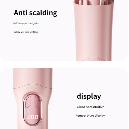 Pink Portable Cordless Hair Curler - USB-C Rechargeable Automatic Hair Waver with Ceramic Barrel & Anti-Scald Design.