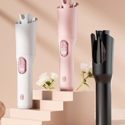 Black Portable Cordless Hair Curler - USB-C Rechargeable Automatic Hair Waver with Ceramic Barrel & Anti-Scald Design.