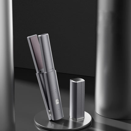 Dark Grey Compact Cordless Hair Straightener - Portable 2-in-1 Mini Flat Iron, USB-C Rechargeable for Travel & Touch-ups.