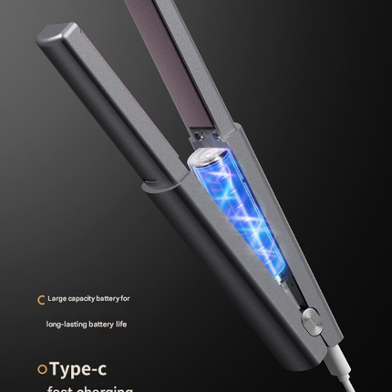 Dark Grey Compact Cordless Hair Straightener - Portable 2-in-1 Mini Flat Iron, USB-C Rechargeable for Travel & Touch-ups.