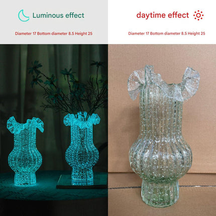 Green Elegant Glow-in-the-Dark Glass Vase - Vintage-Style Ruffled & Ribbed Centrepiece.