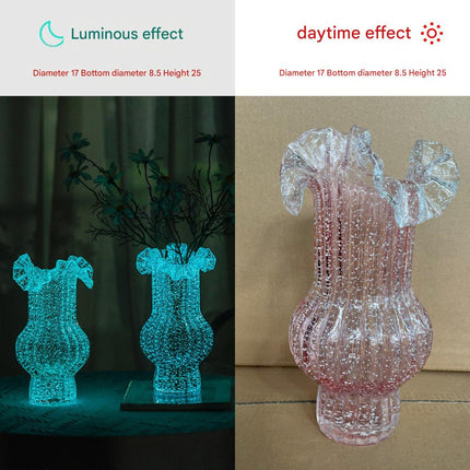 Pink Elegant Glow-in-the-Dark Glass Vase - Vintage-Style Ruffled & Ribbed Centrepiece.