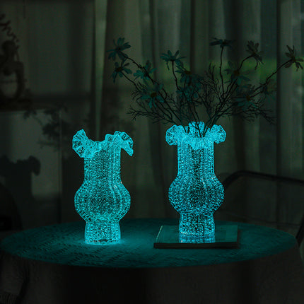 Pink Elegant Glow-in-the-Dark Glass Vase - Vintage-Style Ruffled & Ribbed Centrepiece.