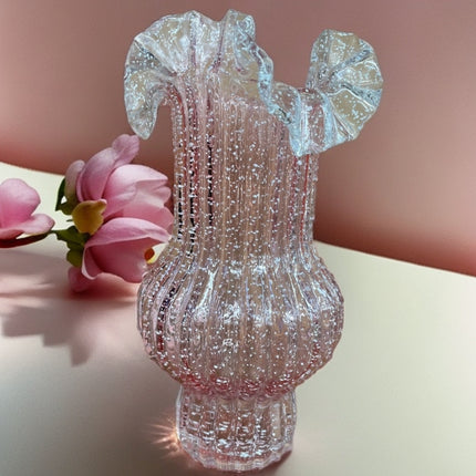 Pink Elegant Glow-in-the-Dark Glass Vase - Vintage-Style Ruffled & Ribbed Centrepiece.