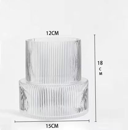 Transparent Modern Two-Tier Ribbed Glass Vase - Elegant Cylindrical Flower Centrepiece for Home Decor.