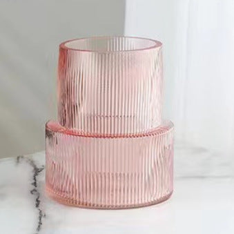 Pink Modern Two-Tier Ribbed Glass Vase - Elegant Cylindrical Flower Centrepiece for Home Decor.