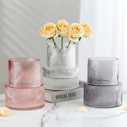 Pink Modern Two-Tier Ribbed Glass Vase - Elegant Cylindrical Flower Centrepiece for Home Decor.