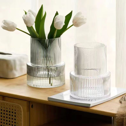 Pink Modern Two-Tier Ribbed Glass Vase - Elegant Cylindrical Flower Centrepiece for Home Decor.