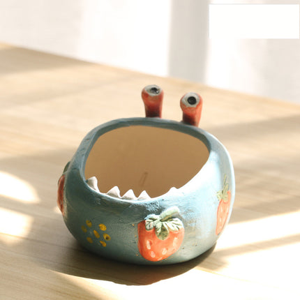 2 Pcs Blue Whimsical Monster Ceramic Succulent Planter - Hand-Painted Character Pot with Drainage.