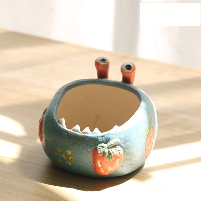 2 Pcs Blue Whimsical Monster Ceramic Succulent Planter - Hand-Painted Character Pot with Drainage.