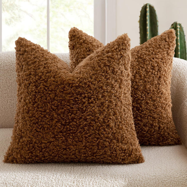 2 Pcs Brown Cozy Teddy Boucle Cushion Cover - Plush Decorative Square Pillow Case for Sofa & Bed.