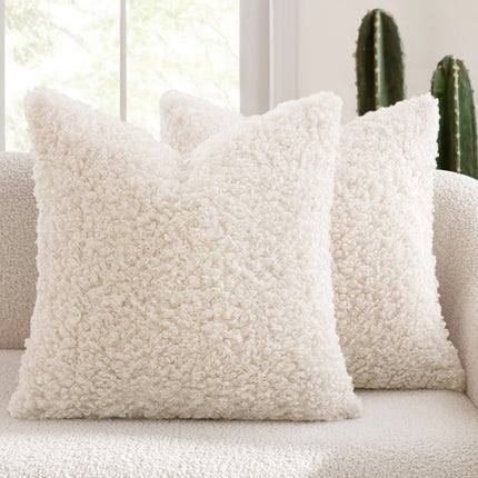 2 Pcs White Cozy Teddy Boucle Cushion Cover - Plush Decorative Square Pillow Case for Sofa & Bed.