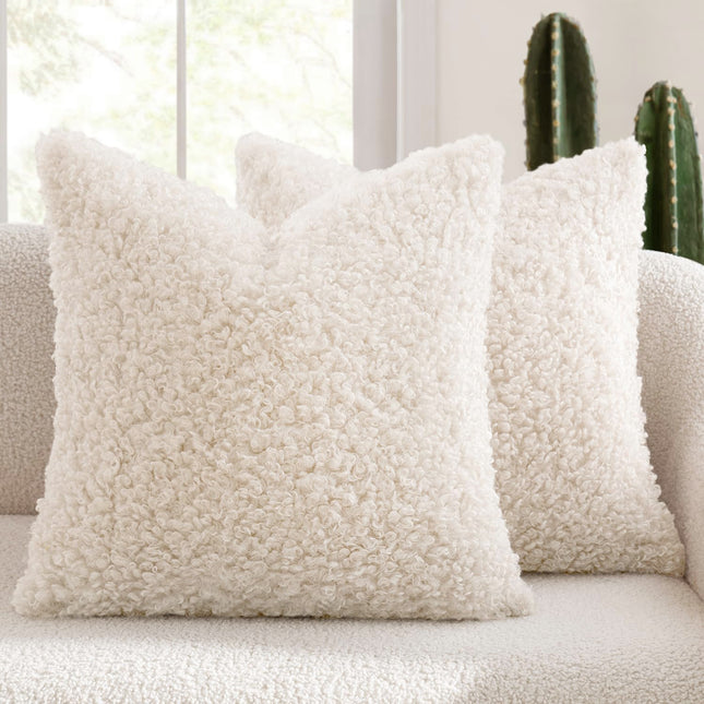 2 Pcs White Cozy Teddy Boucle Cushion Cover - Plush Decorative Square Pillow Case for Sofa & Bed.