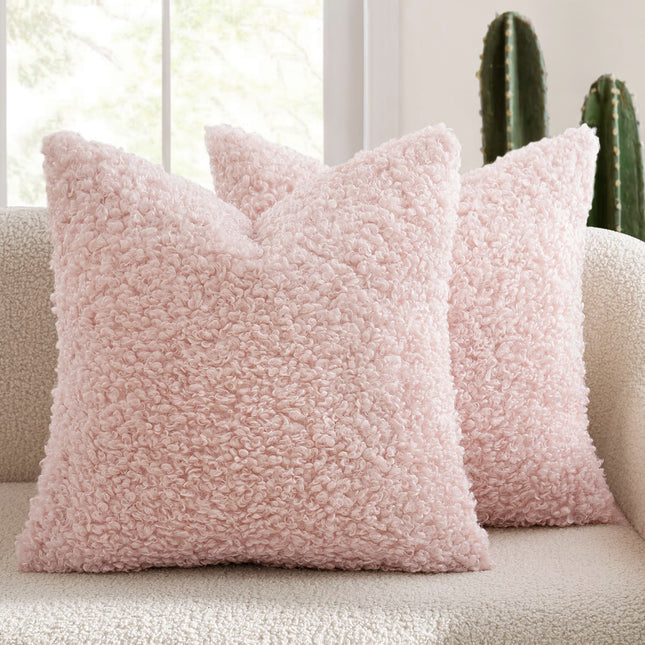 2 Pcs Pink Cozy Teddy Boucle Cushion Cover - Plush Decorative Square Pillow Case for Sofa & Bed.