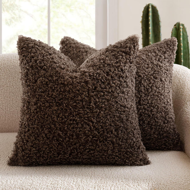 2 Pcs Coffee Cozy Teddy Boucle Cushion Cover - Plush Decorative Square Pillow Case for Sofa & Bed.