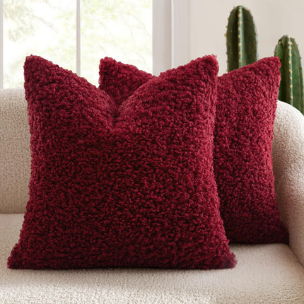 2 Pcs Red Cozy Teddy Boucle Cushion Cover - Plush Decorative Square Pillow Case for Sofa & Bed.