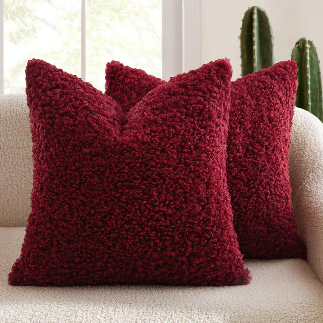 2 Pcs Red Cozy Teddy Boucle Cushion Cover - Plush Decorative Square Pillow Case for Sofa & Bed.