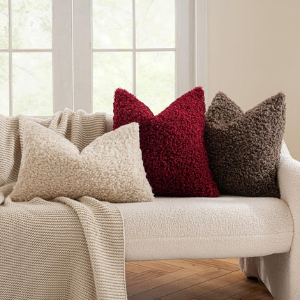 2 Pcs Red Cozy Teddy Boucle Cushion Cover - Plush Decorative Square Pillow Case for Sofa & Bed.