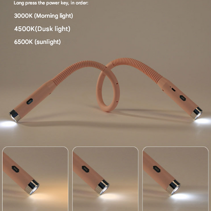 Pink Hands-Free LED Neck Reading Light - USB Rechargeable with 3 Color & Brightness Modes, Flexible Gooseneck for Books, Crafts & Knitting.