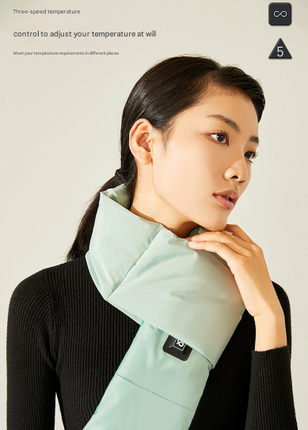 Beige USB Electric Heated Scarf - Portable Puffer Neck Warmer with 3-Level Heat Control for Winter.