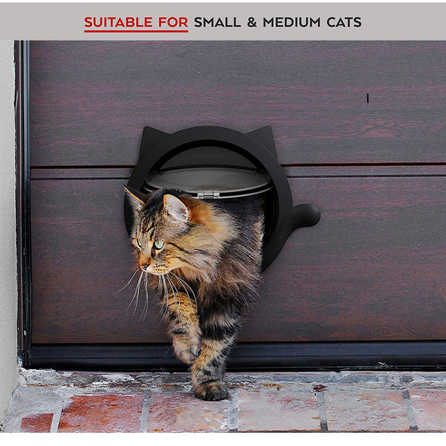 Black 4-Way Locking Cat Flap Door - Pet Entry Portal for Interior Doors, Walls & Cabinets.