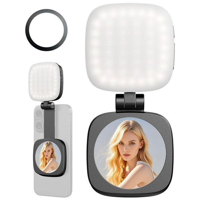 Black Magnetic Foldable Selfie Light with Mirror - Rechargeable LED Fill Light for iPhone & Android Vlogging(Mobile phone is a shooting prop and is not included).
