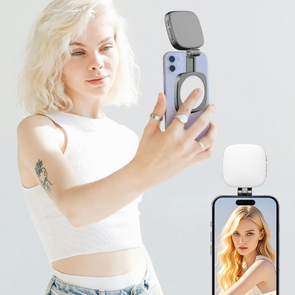 Black Magnetic Foldable Selfie Light with Mirror - Rechargeable LED Fill Light for iPhone & Android Vlogging(Mobile phone is a shooting prop and is not included).