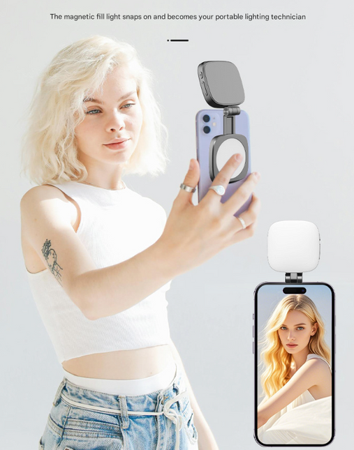Black Magnetic Foldable Selfie Light with Mirror - Rechargeable LED Fill Light for iPhone & Android Vlogging(Mobile phone is a shooting prop and is not included).