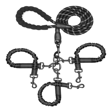 Black 3-in-1 Tangle-Free Dog Leash for 1-3 Dogs - Heavy Duty Bungee Coupler with Reflective Stitching & Padded Handle.