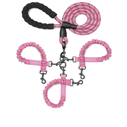 Pink 3-in-1 Tangle-Free Dog Leash for 1-3 Dogs - Heavy Duty Bungee Coupler with Reflective Stitching & Padded Handle.