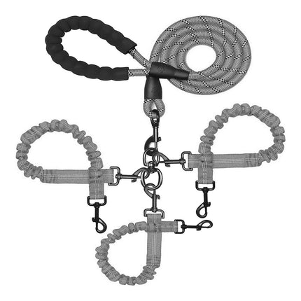 Grey 3-in-1 Tangle-Free Dog Leash for 1-3 Dogs - Heavy Duty Bungee Coupler with Reflective Stitching & Padded Handle.