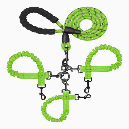 Green 3-in-1 Tangle-Free Dog Leash for 1-3 Dogs - Heavy Duty Bungee Coupler with Reflective Stitching & Padded Handle.